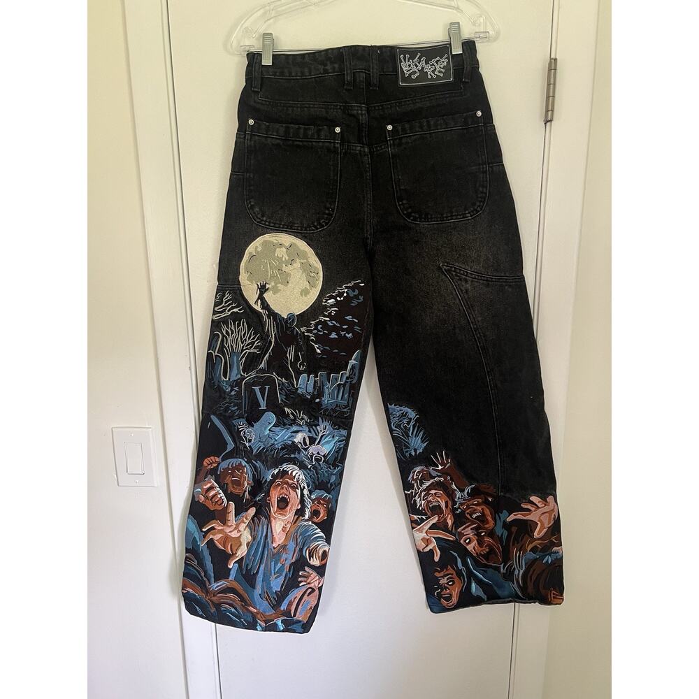 Rare Denim Graveyard Embroidery Pants Vescartes Baggy Jeans Small Goth Spooky